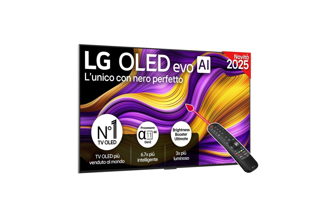 Vista frontale di una Smart TV LG OLED evo AI G5 4K Sullo schermo sono raffigurati i 12 anni di emblema OLED evo numero 1 al mondo e il logo LG OLED evo AI 2025.